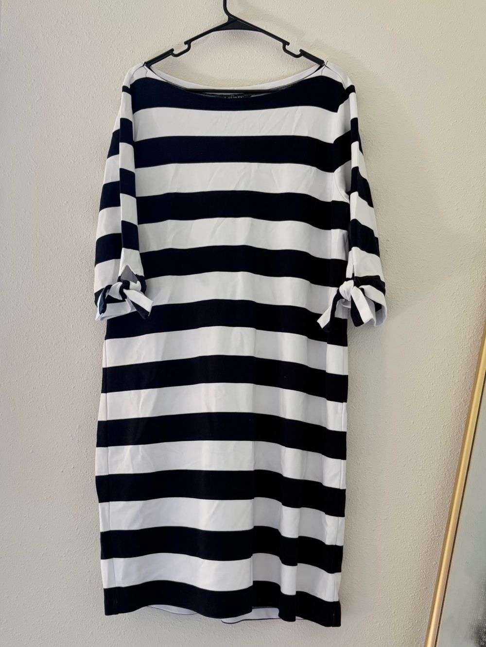 Black and White Polo Ralph Lauren Boat Neck Shift Dress With Tie Detail Sleeves